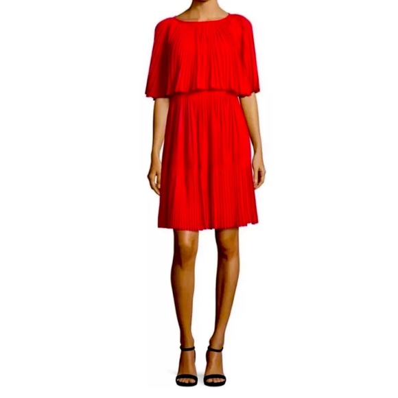 NWT KATE SPADE Persimmon Grove Red Orange Pleated Popover Cape Fit Flare Dress - Picture 1 of 16